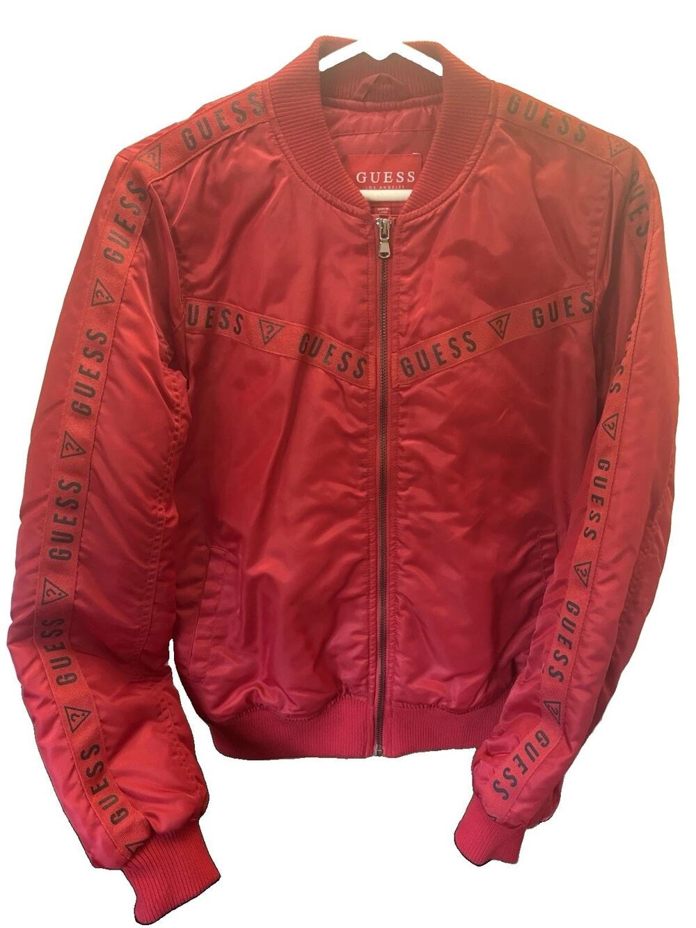 GUESS Los Angeles Women’s Red Satin Bomber Jacket Logo Tape Size Small S Street